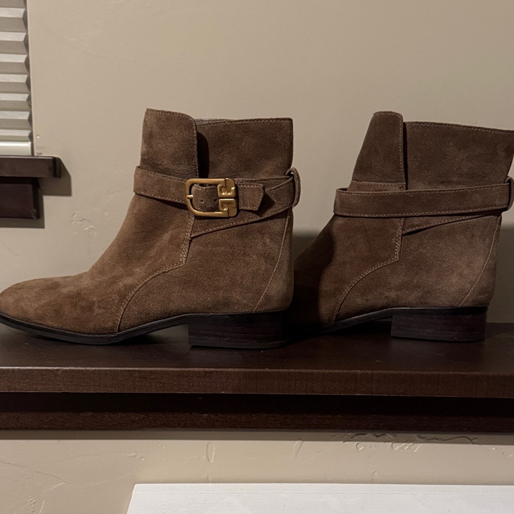 Tory Burch Brown Suede Ankle Booties with Gold Buckle